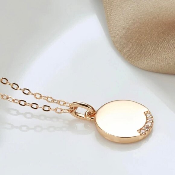 NWT Round Pendant Necklace 14K Rose Gold Plated CZ Pave Thin Chain Minimalist - Picture 9 of 12